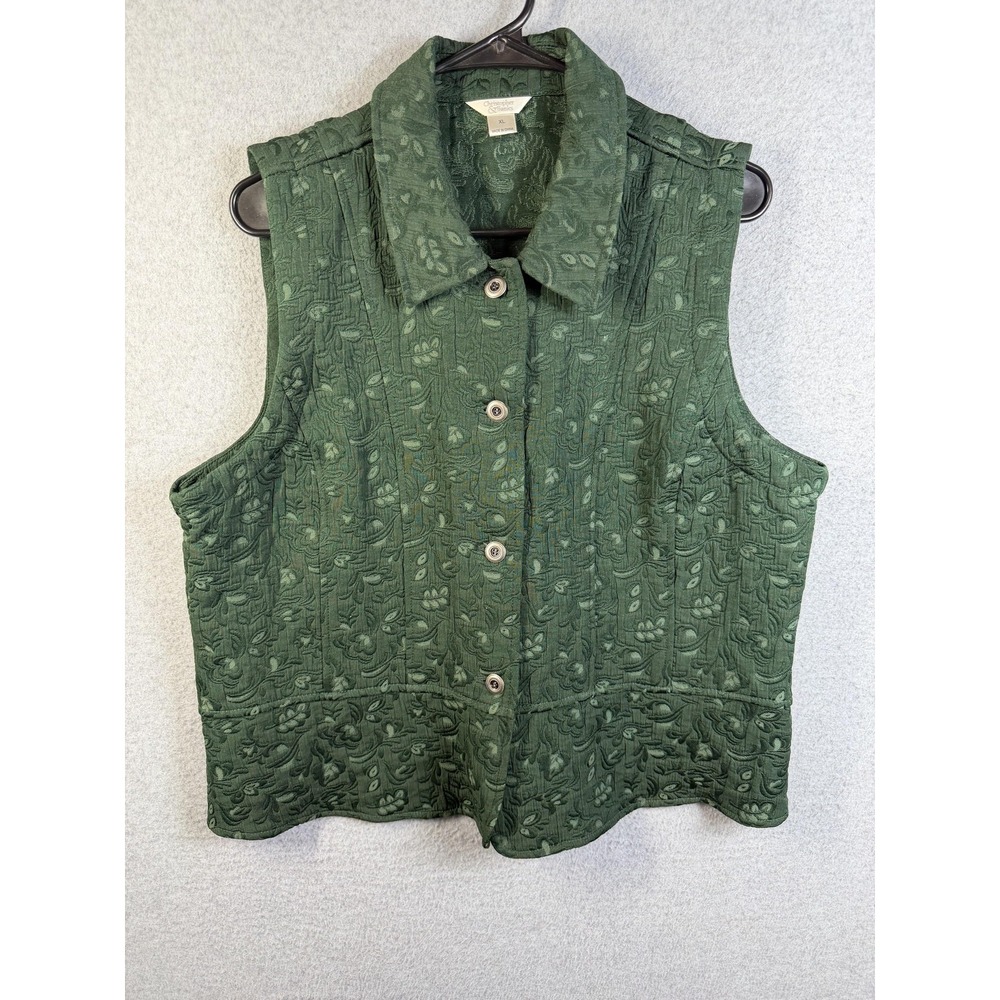 Christopher & Banks Vest Womens XL Green Textured Floral Button Front Collared